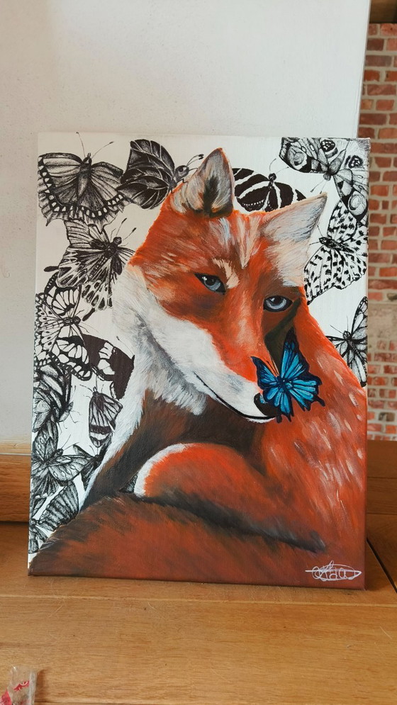 Image 1 of Origineel schilderij op canvas: 'Silent Serenade'. Vos met vlinders. 30*40cm
