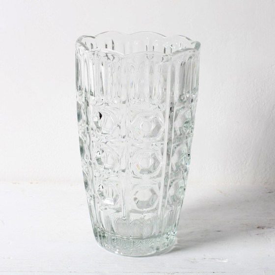 Image 1 of Mid-century Vintage Solid Heavy Clear Hand Pressed Glass Flower Vase / Fidenza / Italy / 1960s
