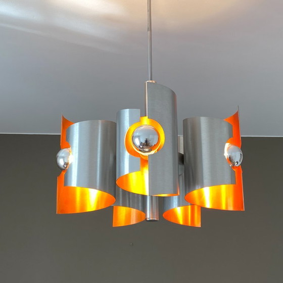 Polam Bielsko Chandelier. 1970. Space Age. Brushed Stainless Steel. – Metal (photo 6 of 7)