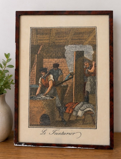 Stampa tessile vintage su lino "Le Teinturier" - incorniciata – giclee prints, Glass, Textile