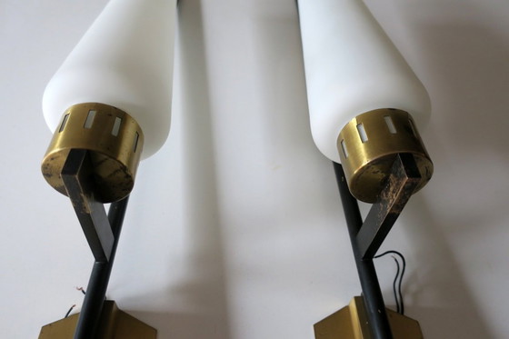 Image 1 of Pair of Brass and Opaline Glass Wall Lights, Stilnovo Period, Italy 1940s-50s