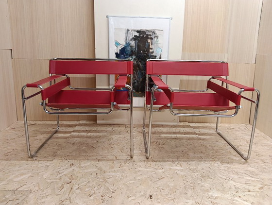 Image 1 of KNOLL Studio Set van 2 WASSILY B3 fauteuils (NIEUW) in rood leer
