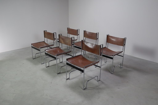 Set of 6 modernist chrome and leather dining chairs, 1970's