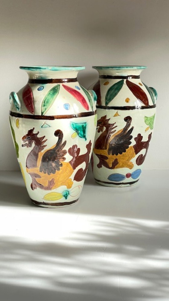 Image 1 of Italian Majolica Vases with Dragon Motif