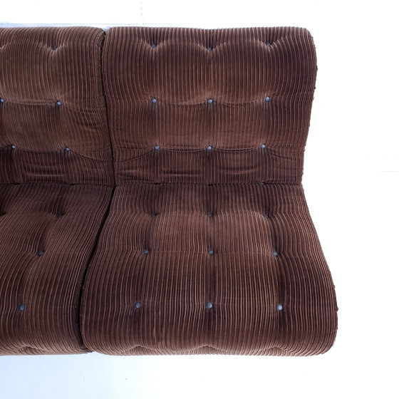 Image 1 of Divano modulare vintage a 3 sezioni, velluto a coste marrone capitonné, anni '70, design moderno di metà secolo