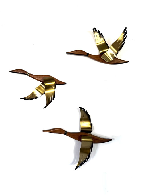 Vintage teak & messing vliegende eenden, jaren ‘60