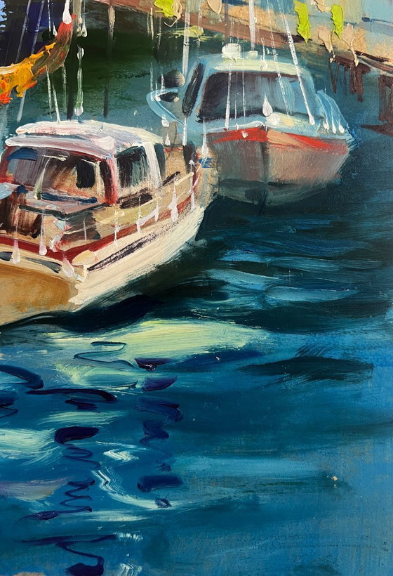 Image 1 of Originales Ölgemälde: Sommerliche Stadtlandschaft – Yachten auf den Wasserstraßen von Venedig