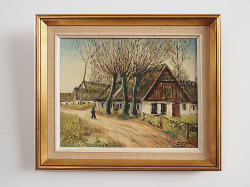 Peinture "La ferme sous les saules", design scandinave, années 1960