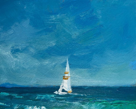 Image 1 of Peinture à l'huile originale représentant un paysage de plage côtière. Un voilier solitaire en mer.