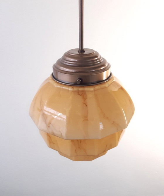Image 1 of Art-Deco-Deckenleuchte, bernsteinfarbene Marmor-Herda-Pendelleuchte