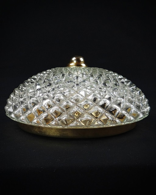 Vintage Hollywood Regency diamond-point glass ceiling light