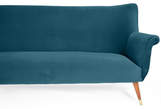 Image 1 of Elegant Three-Seater Velvet Sofa, 60s, Dark Ocean Blue, Restored