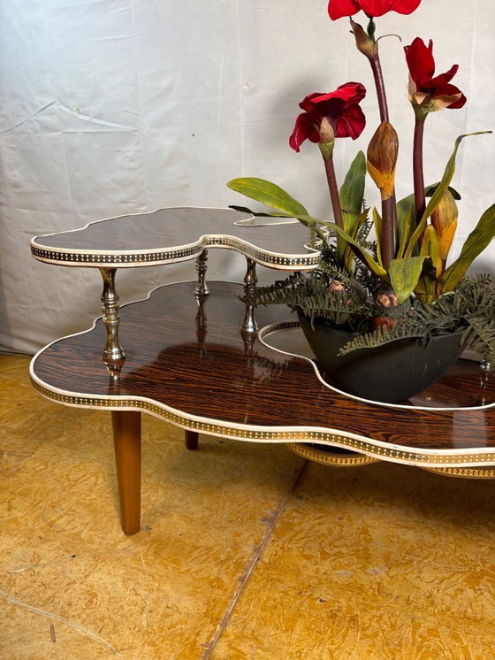 Image 1 of Mid-Century Retro Vintage Tiered Coffee Table / Plant Stand 1960  Dark Formica Grain Finish • White Trim • Unusual Shape • Styli