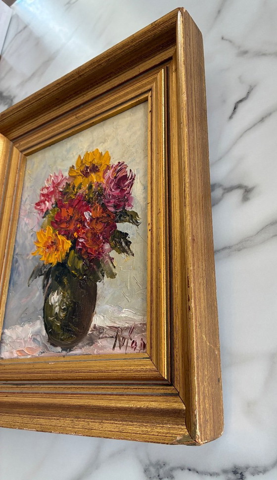 Image 1 of Antique oil painting, still life, bouquet of dahlias