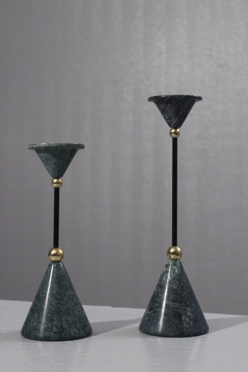 Pair of marble and brass candlesticks, post-modernist Memphis design, 1980s