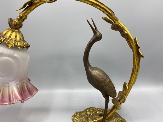 Image 1 of 1 lampada da scrivania in bronzo Art Nouveau con airone