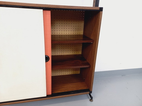 Image 1 of Libreria componibile vintage italiana in melaminico con decori in legno e metallo degli anni '60