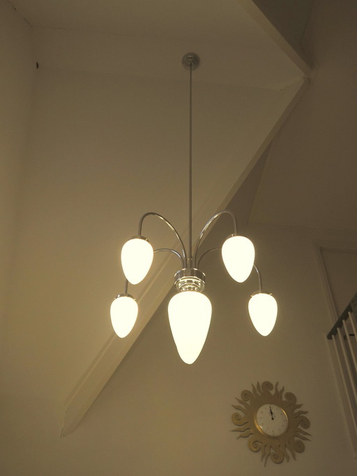 Chandelier Art Deco, Nickel And Milk Glass