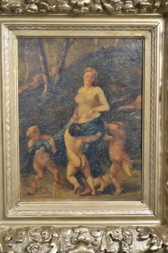 19e-eeuws Frans School Mythologisch Olieverfschilderij, Nimf en Drie Putti – Schilderijen & Tekeningen (photo 3 of 15)