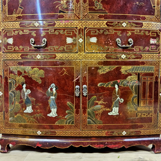 Image 1 of Mobile cinese d'epoca rosso e oro / scena tradizionale / signore in giardino cinese (mobile bohémien, mobile orientale)