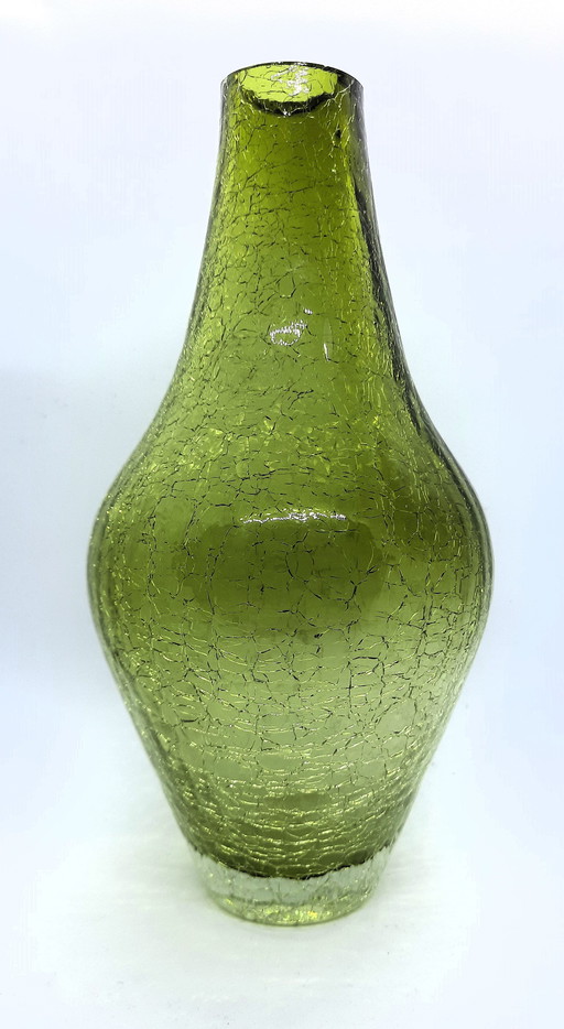 Vintage 1970 Craquelé Green Crystal Glass Vase Ingid Hutte Germany