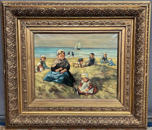 Johannes Evert Akkeringa ( ). “Kinderen spelen op het strand”. Beroemde Nederlandse kunstenaar. (photo 2 of 7)