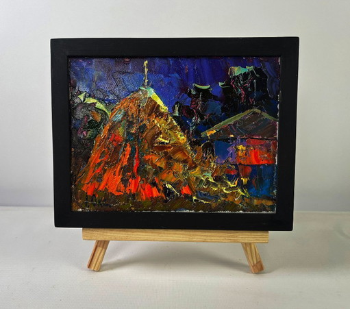 Original Oil Painting Night Village Landscape Stars twinkle in a calm sky