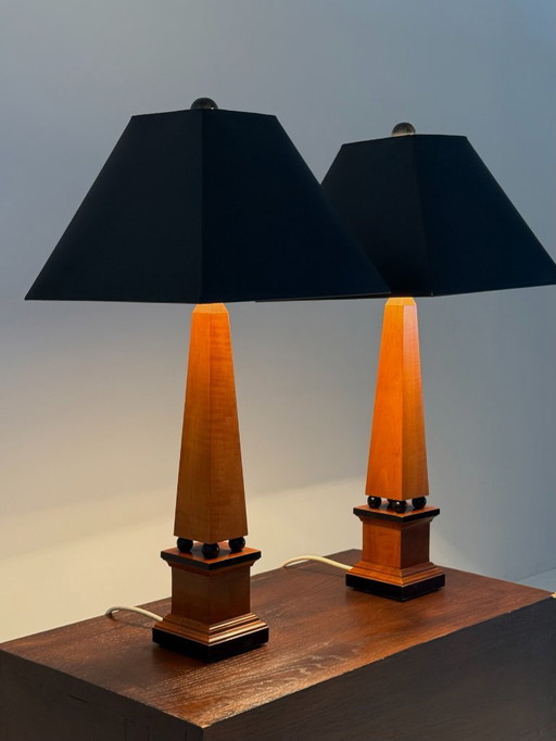 Set of tall art deco table lamps in obelisk shape with ebony