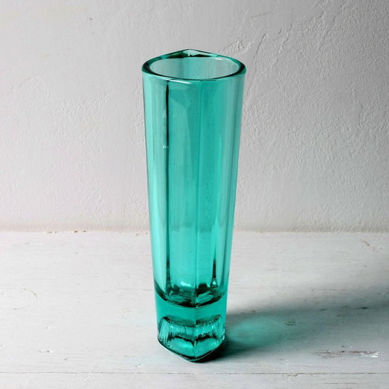 Image 1 of Stylish Turquoise Mid-century Pressed Glass Vintage Vase by Miloš Filip / Rosice / Czech Republic / 1963