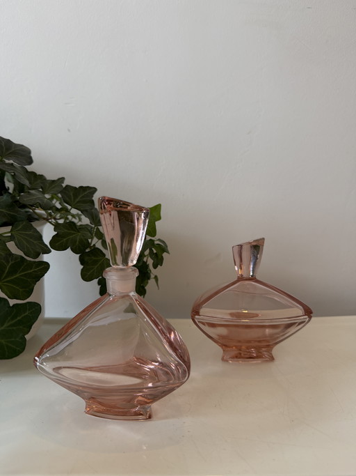 Art Deco Set Pink Glass Bottle and Lidded Jar