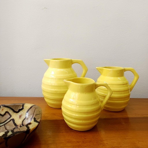 3x Orchies art deco yellow ceramic pitchers