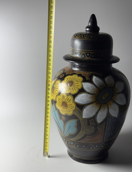 Image 1 of Royal Plateel Zuid-Holland “Lotea” Hand-Painted Lidded Vase
Gouda, The Netherlands, circa 1920s–1930s
