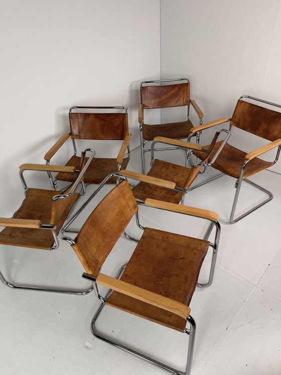 Image 1 of 6 x Thonet S34 tubular frame chairs cognac leather