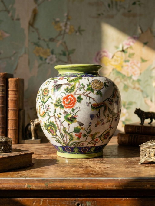 Vase boule faïence craquelé chinoiserie vintage années 60-80