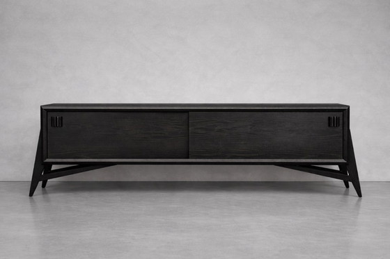 Image 1 of Vintage Mid-Century Scandinavian Modern Dark Oak Sideboard with Wooden Handles, 1960s