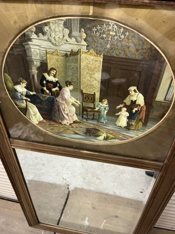 Antique mantel mirror with print - 71 x 140 cm – Glass, Paper (photo 3 of 10)