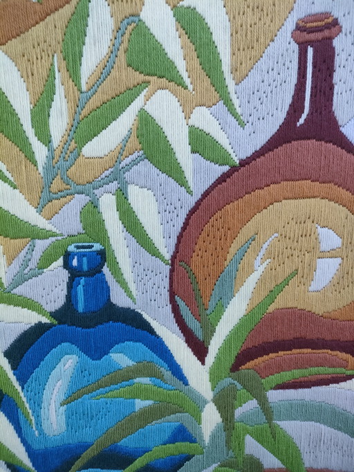 tapisserie dame-jeanne feuillages années 70