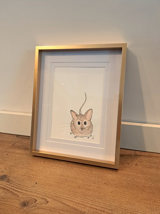 Watercolor painting Mouse in corner | With frame