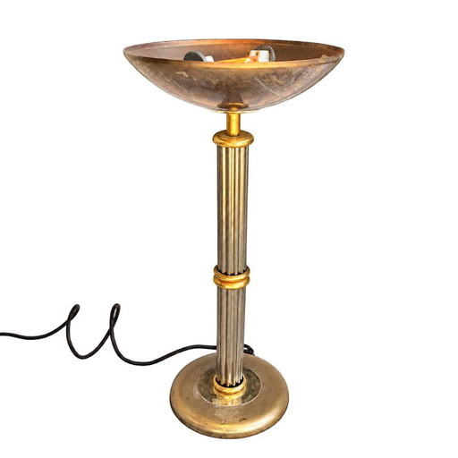 Rhoum JRL Tischlampe aus Gold- und Silbermetall – Kannelierte Säule, französische Herstellung