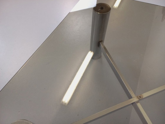 Image 1 of Vintage Italian square Space Age coffee table in smoked glass and chrome metal from the 1970s