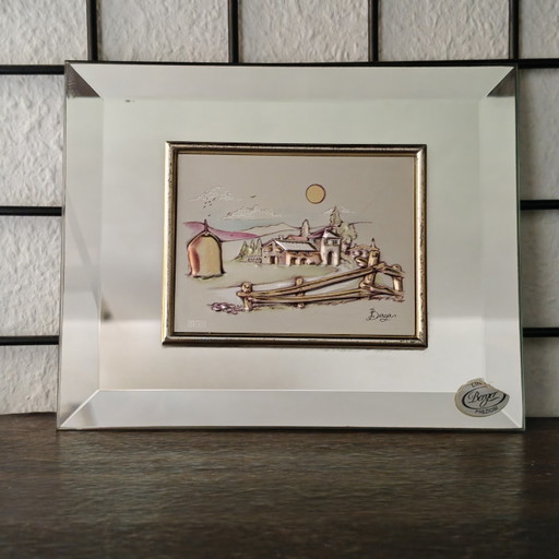 Vintage Berger Preziosi 3D Relief Artwork on Bevelled Mirror Frame, Italy, 16 × 13 cm