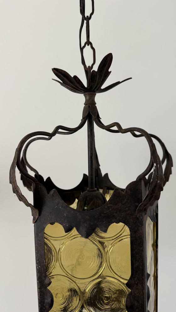 Image 1 of Lanterne italienne en fer forgé et verre d'art ambré - années 1960
