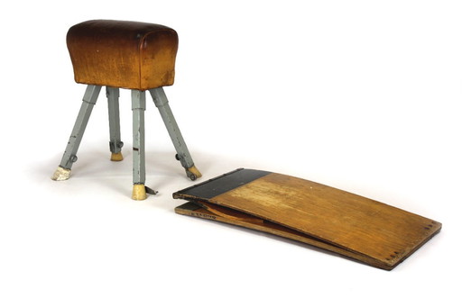 Vintage Gymnastic Horse in Leather with Springboard, 1960s, Set of 2