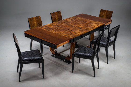 Image 1 of Art Deco French Walnut & Burl Dining Set, 1930s, Set of 7