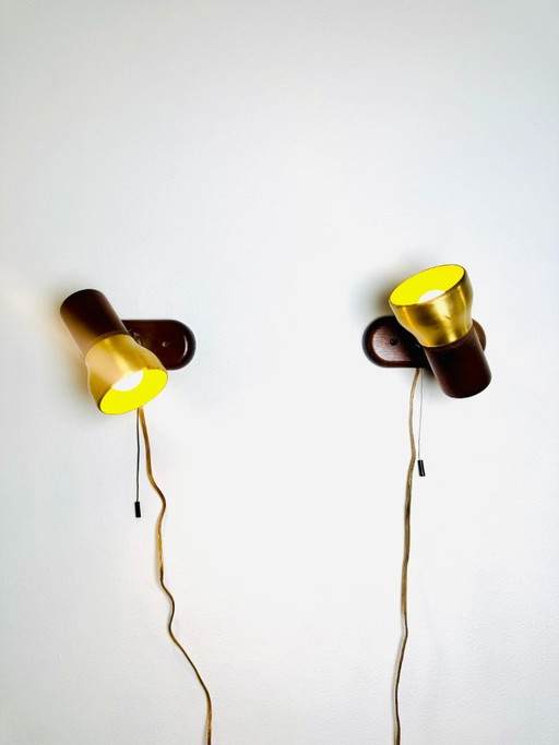 Adjustable Wall Spots in Afromosia Wood and Brass by Temde Leuchten, Switzerland, 1960s – wandlampen