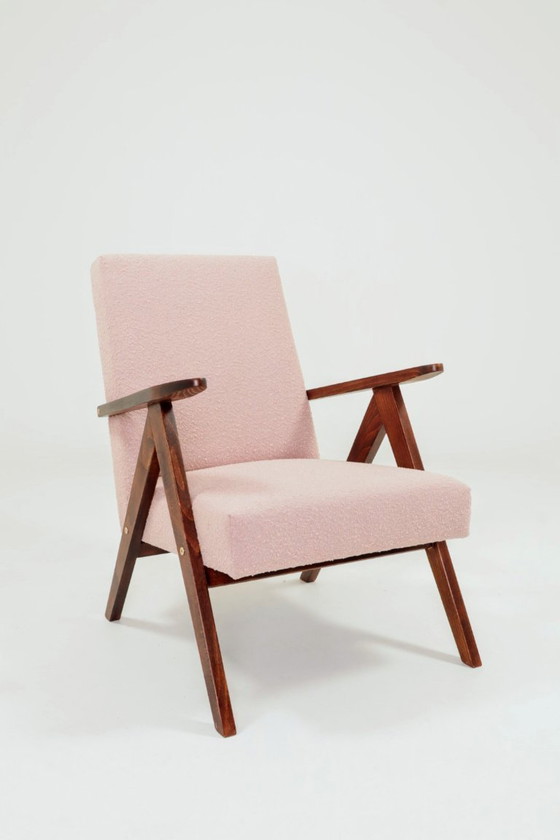 Image 1 of Vintage fauteuil rustiek hout roze bouclé stof zigzag modern design 1970