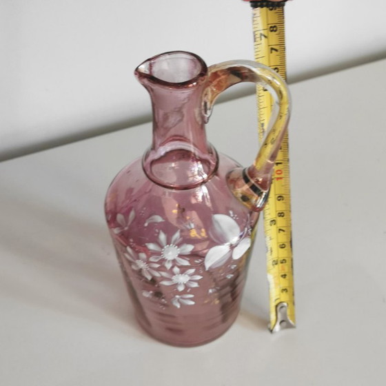 Image 1 of Antieke Franse Art Nouveau likeurset van roze iriserend glas, ca. 1900.