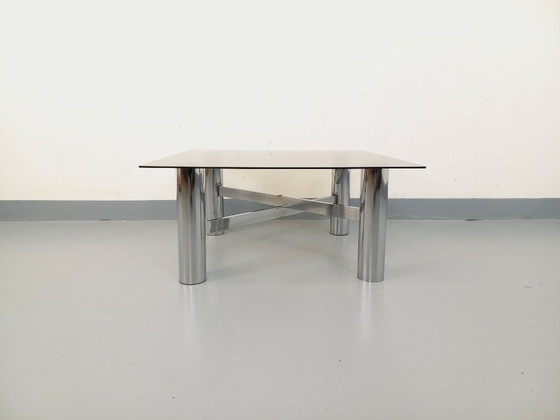 Image 1 of Vintage Italian square Space Age coffee table in smoked glass and chrome metal from the 1970s