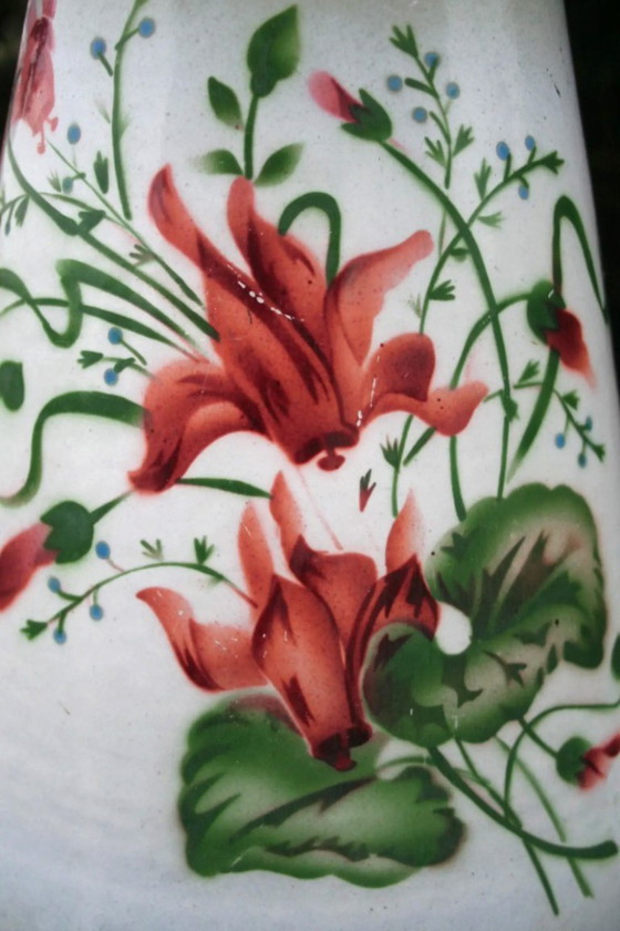 Image 1 of Antique French Hand-Painted Enamel Water Pitcher, Floral Cyclamen Jug, Blue Rim Farmhouse Vase, Rustic Country Decor