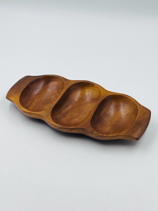 Bandeja compartimentada en madera exótica tallada, Asia, años 70